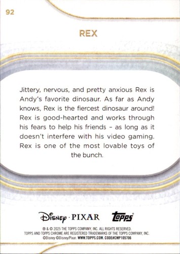 2025 Topps Chrome Disney Pixar Toy Story Rex #92 base NM/M card with blue box and gold “Disney Pixar” logo.