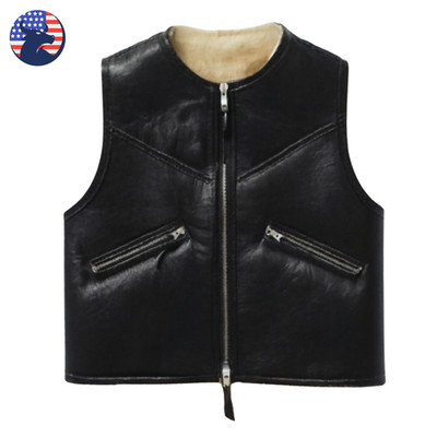 Men's Genuine Black Shearling Sheepskin Leather Fur Vest Biker Motorcycle