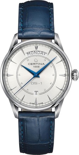Certina Herren DS-1 Day-Date 40mm Edelstahl weiß blau Leder Neu!!!
