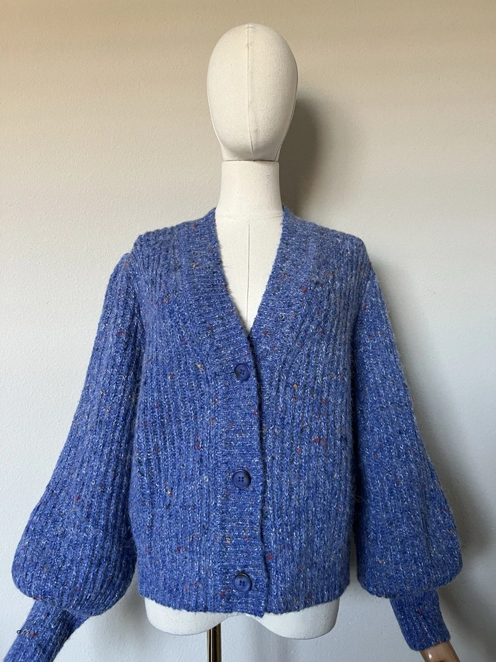 Cárdigan French Connection Natalya Talla M Azul Lana Mármol Alpaca Acanalado Suéter Foto 4 de 4