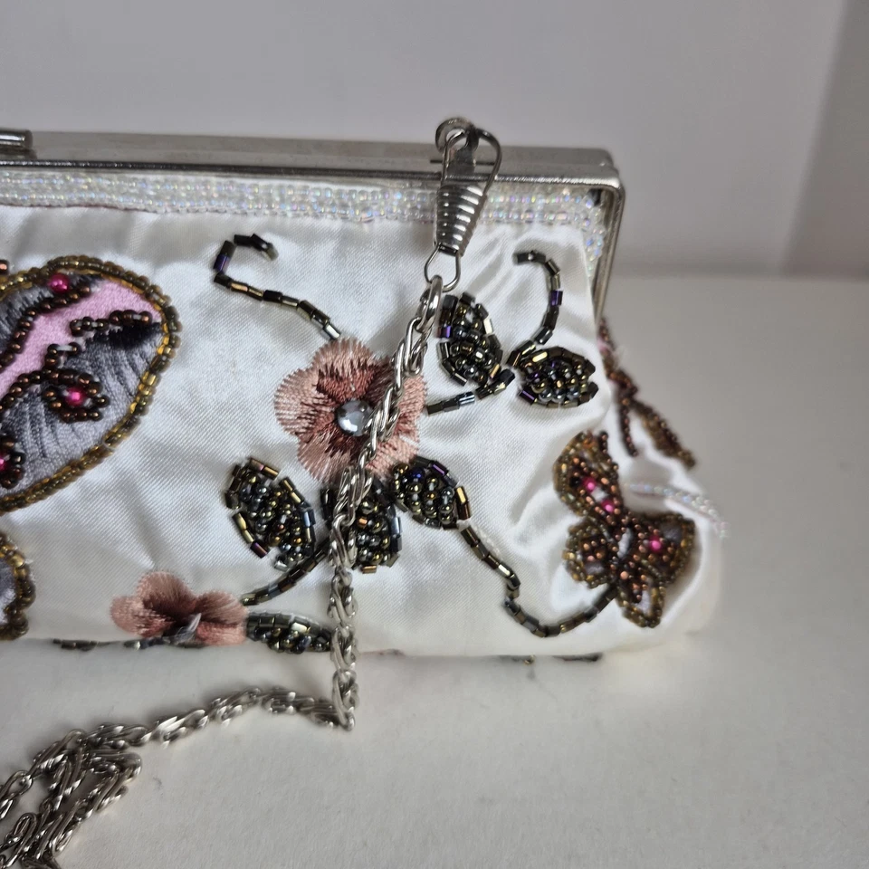 White Satin Beaded Embellished Butterfly Floral Clutch Evening Bag Party Chain - Image 3 of 4