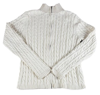 L.L. Bean Sweater Mens Small White Cable Knit Full Zip Mock Neck Long Sleeve