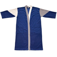 Vintage 70s Montgomery Ward Blue Tan Colorblock Polyester Grandpa Housecoat Robe