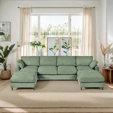 6 Seat Corduroy Modular Sofa Green: U/L-Shaped Convertible, Pillow+Footstool