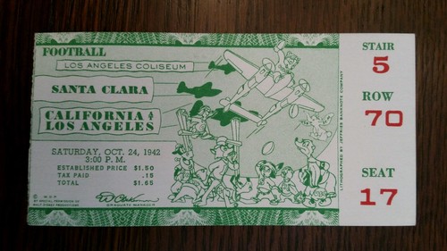 1942 SANTA CLARA vs UCLA Ticket ~ 24 October 1942~ Los Angeles Coliseum