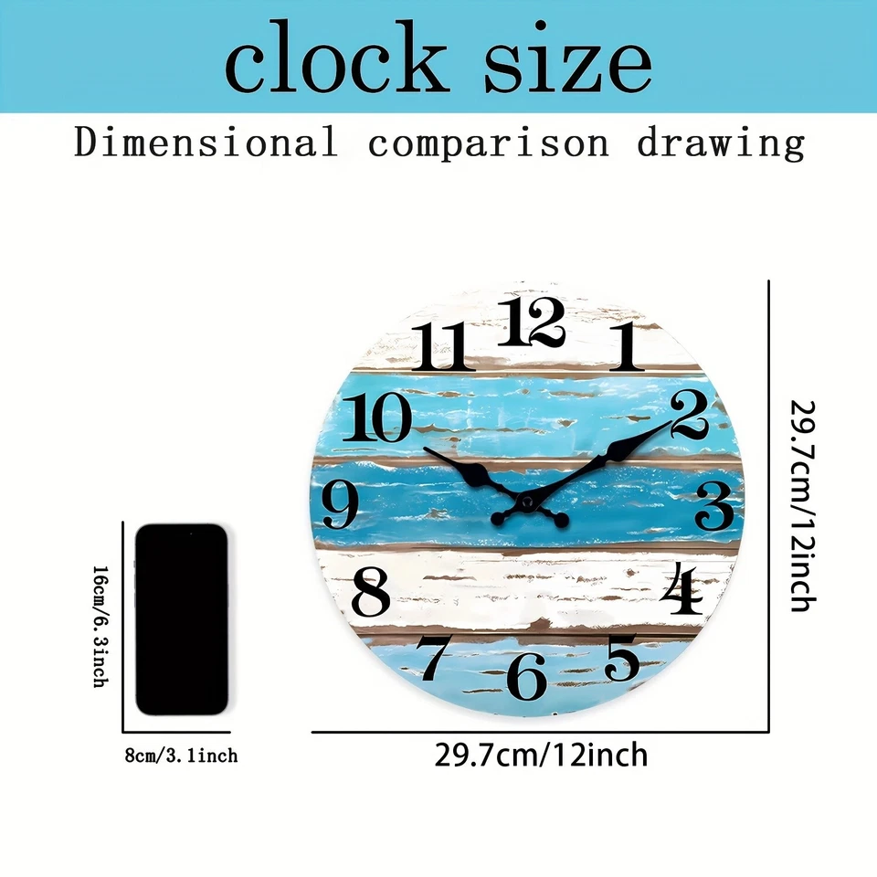 12 inch retro blue and white striped beach wall clock，wooden wall decorations - Image 3 of 4