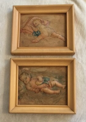 2 VTG 6 1/2 x 5 1/4  Litho 3d Raised Print Sleeping Baby s By Maud Tousey Fangel