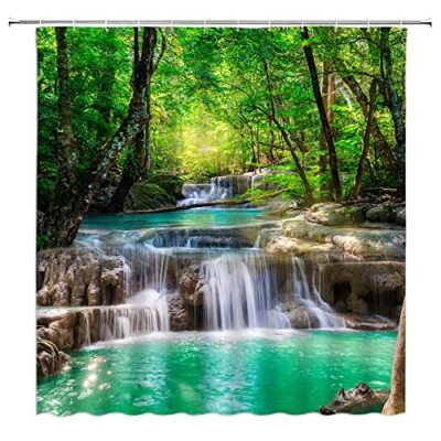 Waterfall Shower Curtain Nature Scenery Green Forest Tree Lake Fabric Bathroo...