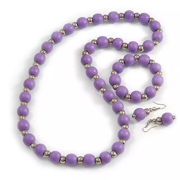 Lilac Wood and Silver Acrylic Bead Necklace Earrings Bracelet