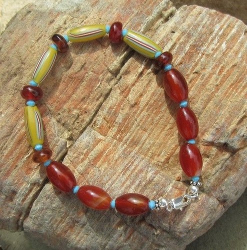 TRADE BEAD, STONE, CRYSTAL BRACELET VINTAGE TRADE BEADS NATURAL STONE SWAROVSKIS - Picture 6 of 8