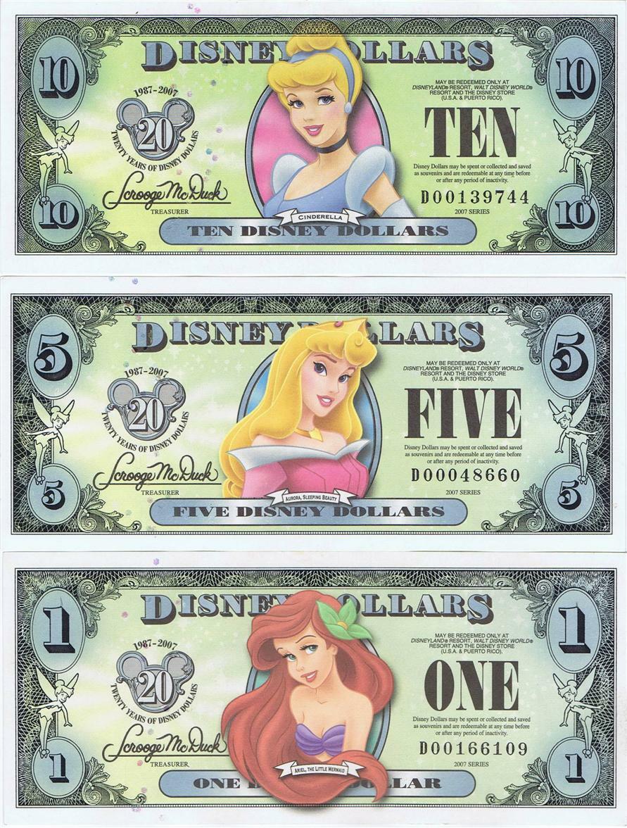 Disney Dollars セット 1ドル 5ドル 10ドル WDW 2007 Princess 3 Note Set D $1 Ariel $5 $10 Cindy Disney