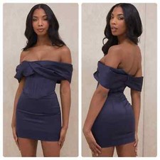 House of CB Nurul Dress Navy Satin Draped Strapless Size Small