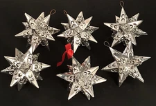Punched TIN STARS Set (6) Mexican Tin Hanging Star Ornaments, 4"H Silver Finish