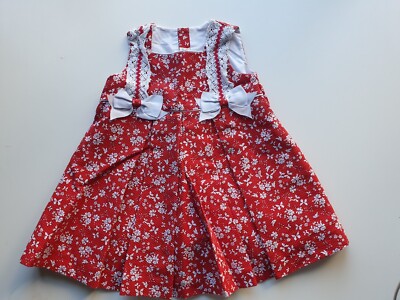 HÜBSCHES ORIGINALS DESIGNER ROT WEISS MÄDCHEN ELEGANTES BLUMEN TEEKLEID 18 MONATE 1,5 Y