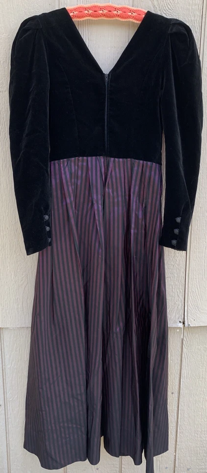 Vintage Laura Ashley Dress Black Velvet & Striped Taffeta 80s Prom 1980s Size 10 - Image 2 of 4