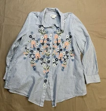Style & Co Embroidered Button Up Shirt Women’s Size L P Blue White Striped