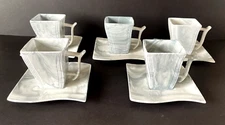 MALACASA Gray White Marble Porcelain Cups & Saucers 7 oz Espresso Wave Shape New