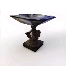 Square Smoked Glass 8" Tall Italy Ashtray on Marble Base with Brass Puto-Child 