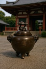 Antique Fine Japanese Bronze Censer with silver inlay (Fungus)