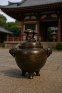 Antique Fine  Japanese Bronze Censer with silver inlay  (Fungus)