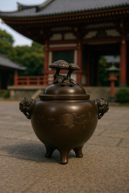 Antique Fine  Japanese Bronze Censer with silver inlay  (Fungus)