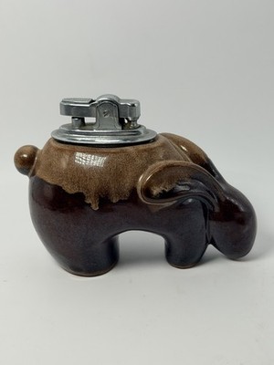 Vintage Ceramic Rabbit Table Lighter Brown Drip Glaze Refillable Untested
