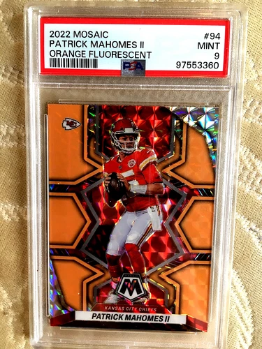 2022 MOSAIC PATRICK MAHOMES ll ORANGE FLUORESCENT SERIAL #D 17/25 #94 PSA 9