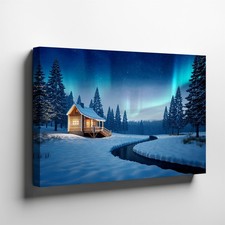 Serene Winter Landscape At Night Featuring A Cozy Log Cabin Nestled Wall Art