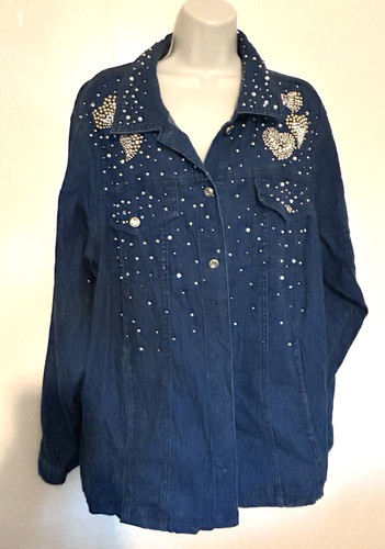 Quacker Factory Plus 1X Heart Beaded Rhinestone Blue Jean Denim Jacket Gold