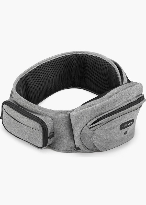 TushBaby Gray Hip Seat Baby Carrier w/ Storage Pocket & Buckle, Infant/Toddler