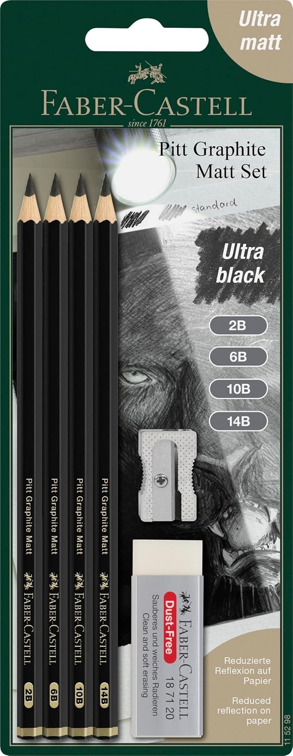Faber-Castell Pitt Graphite Matt Pencil Set 2B 6B 10B 14B with Eraser Sharpener