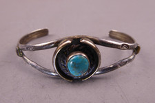 NAVAJO Sterling Silver SMALL CUFF BRACELET Blue Turquoise Oval SPLIT WIRE Childs