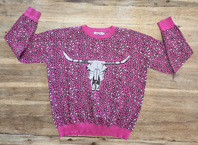 Crazy Train Pink Cheetah Bullskull Western Sweater Pullover Top Women's XL