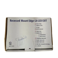 Recessed Mount Edge-Lit LED Exit Sign W/ Red Letters Aluminum TRIM Frame Back Up