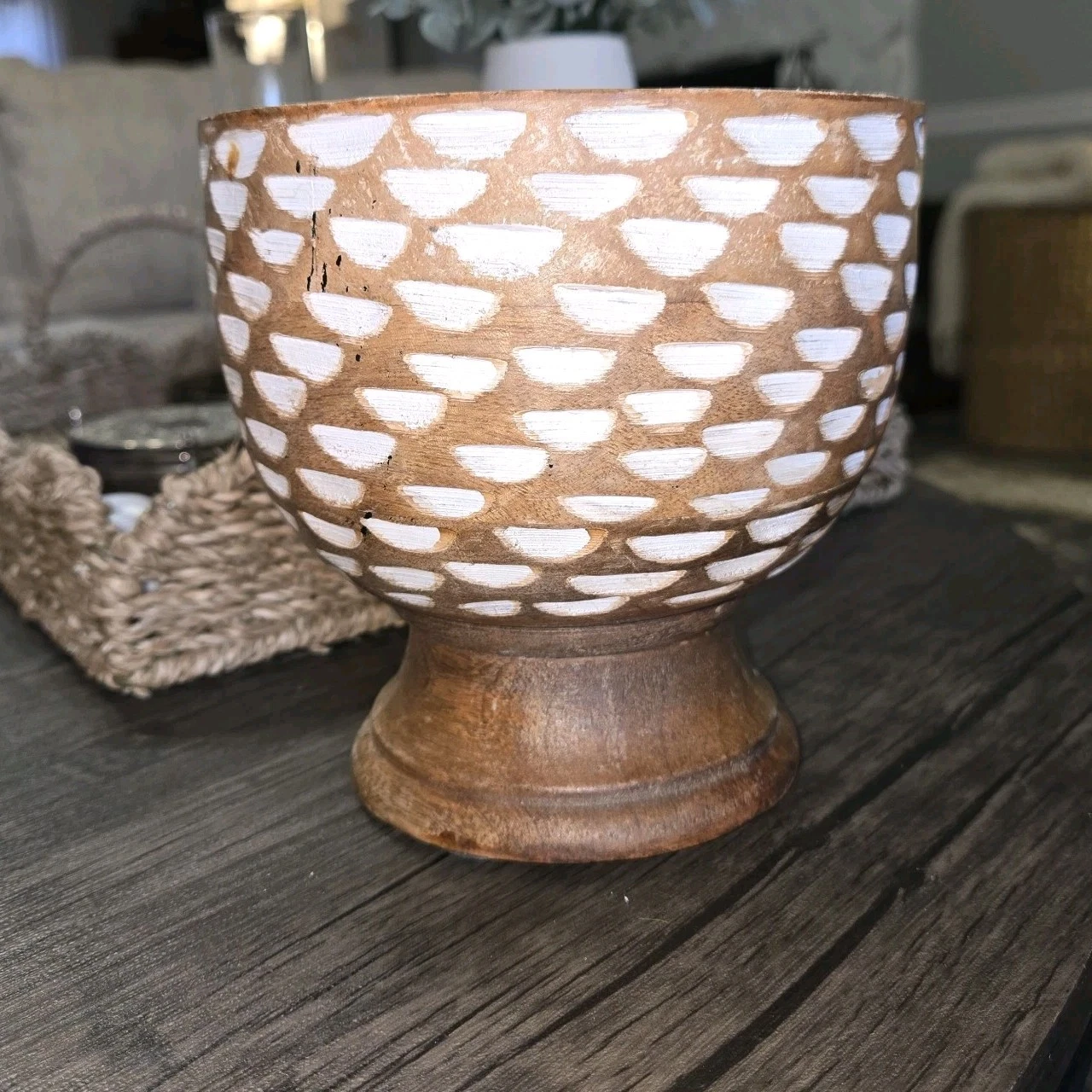 Beautiful Wood Carved Mortar Bowl White Speckled