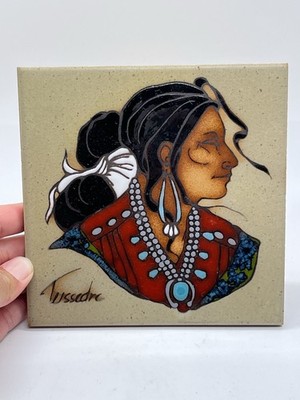Native American Woman Cleo Teissedre Hand Painted Ceramic Tile Trivet Wall Art