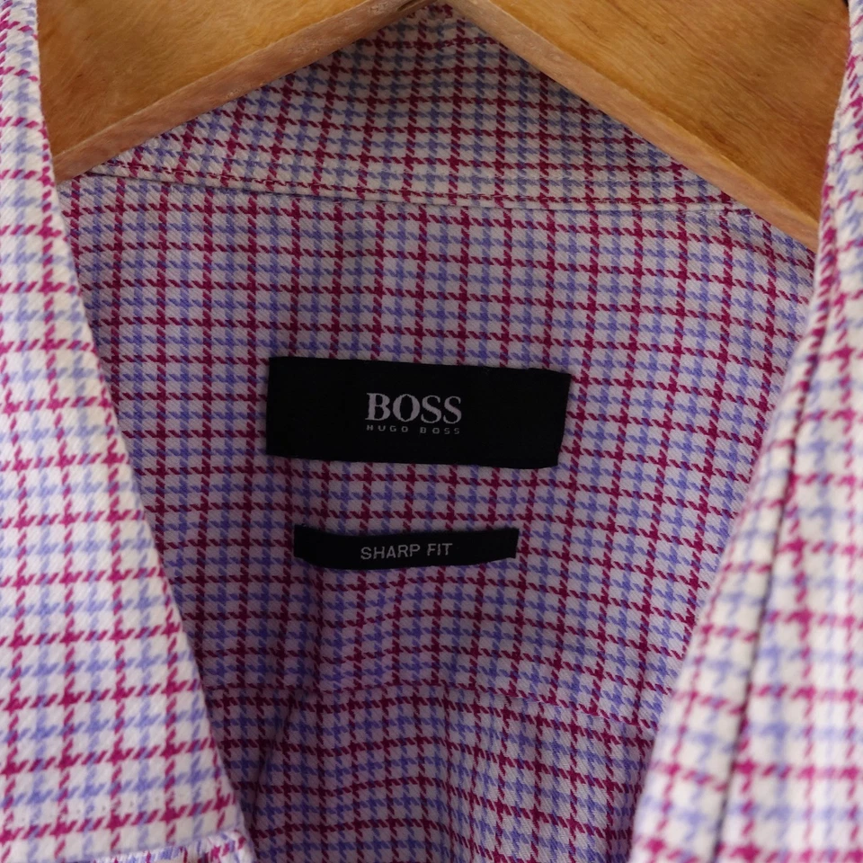 BOSS Hugo Boss Mens Sharp Fit Checkered Dress Shirt Lavender Red Size 16 34/35 - Image 4 of 4