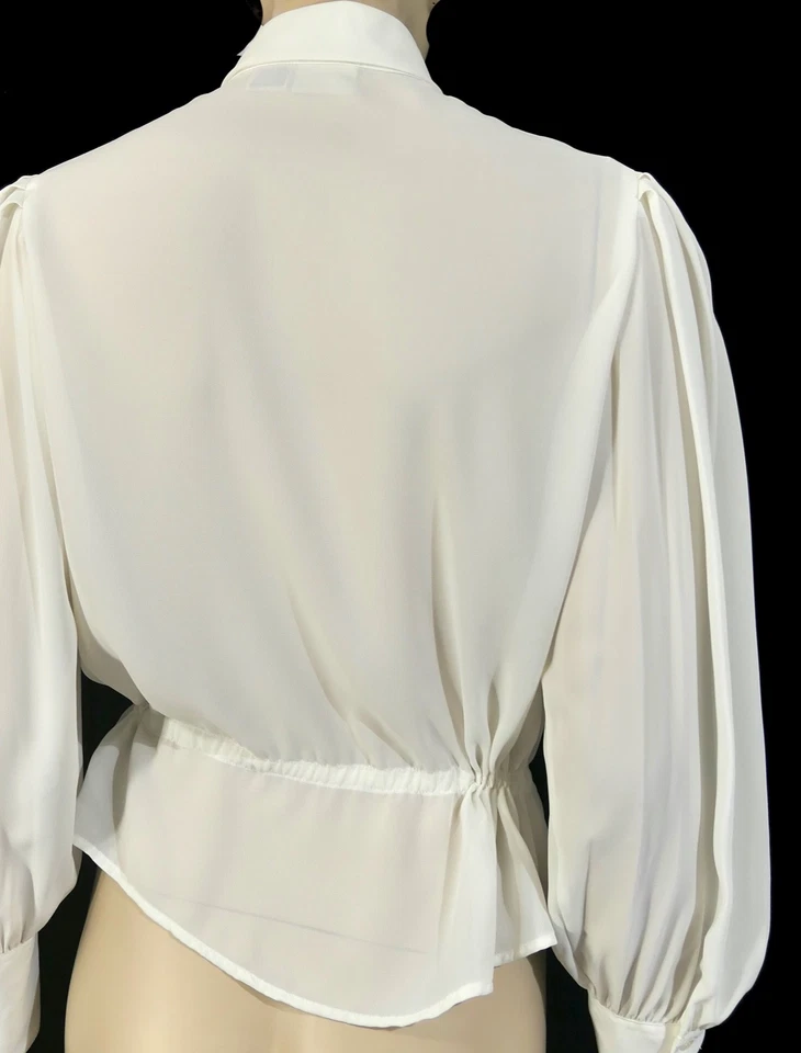 Vintage 80s Liz Claiborne Chiffon Bishop Sleeve Military Draw String Blouse sz 4 - Image 3 of 4