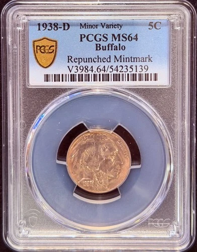 1938-D 5c Buffalo Repunched Mintmark PCGS MS64 Lightly Toned