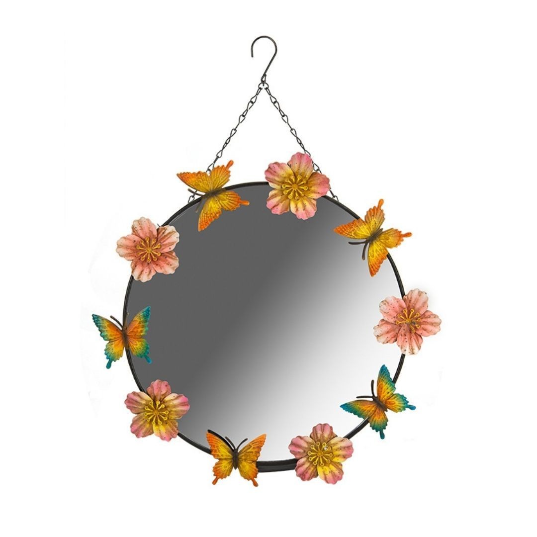 Ornate Round Garden Mirror with Butterfly butterflies flowers metal hanging