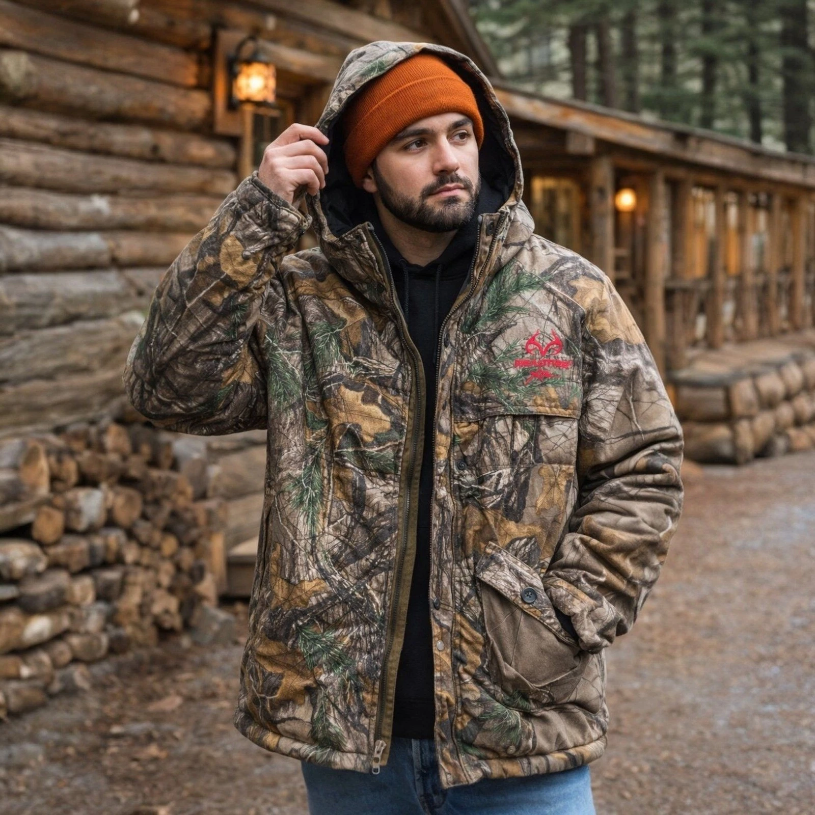 Realtree Xtra Camo Insulated Hunting Jacket Men’s Large Hooded Fleece Lined L
