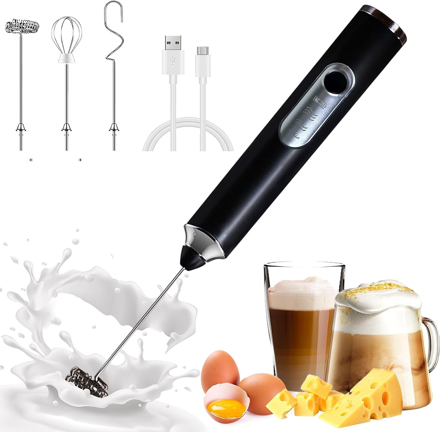Milk Frother Handheld with 3 Heads, Electric Whisk Drink Foam Mixer with USB Rec