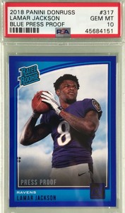 Lamar-Jackson-2018-Panini-Donruss-Rated-Rookie-Press-Proof-Blue-PSA-10-Gem-Mint