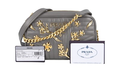 PRADA Diagramme Gold Blumen Schulter Hand Tasche - 1BH084 Marmo Grau NEU