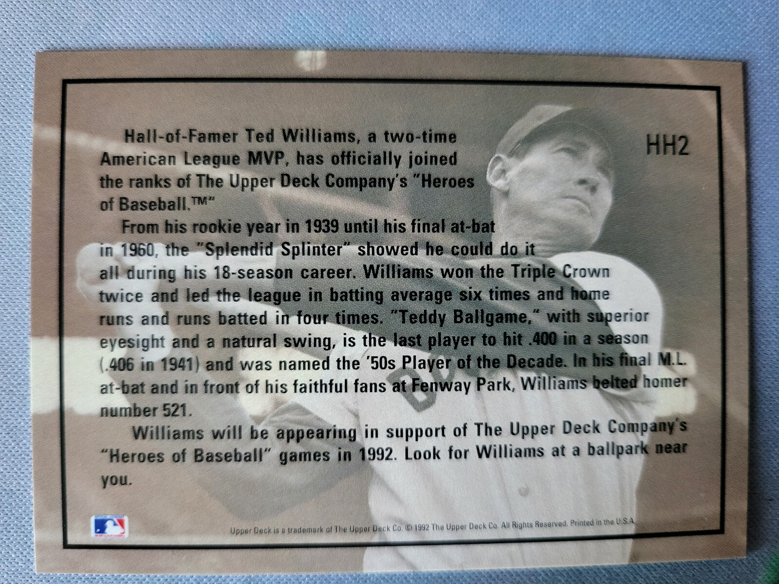 1992 Upper Deck Ted Williams Hh2 Hologram Boston Red Sox Hof Ebay 