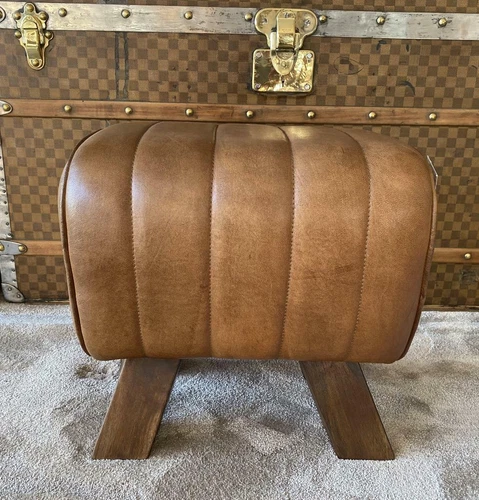 Brown Leather Stool / Footstool Wood Legs Pommel Horse Style Retro Vintage