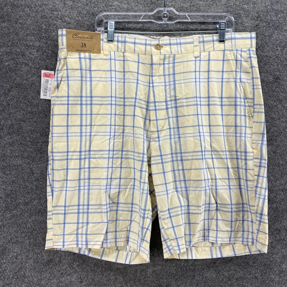 Nuevo Pantalones Cortos Roundtree & Yorke Hombres 38 Amarillo A Cuadros Tiro Alto Bermudas Calce Relajado Foto 4 de 4
