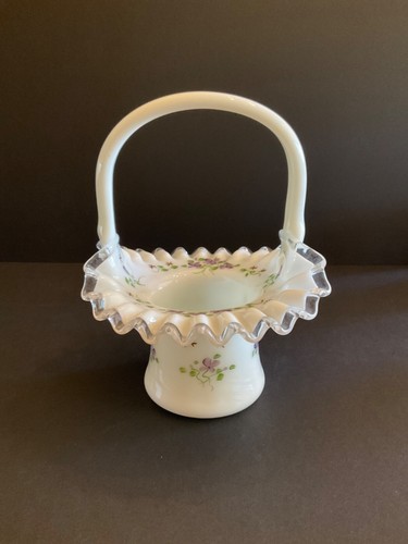 Fenton ? Violets & Stars Glass Silver Crest Ruffled Edge Top Hat Basket 8" H - Picture 4 of 12