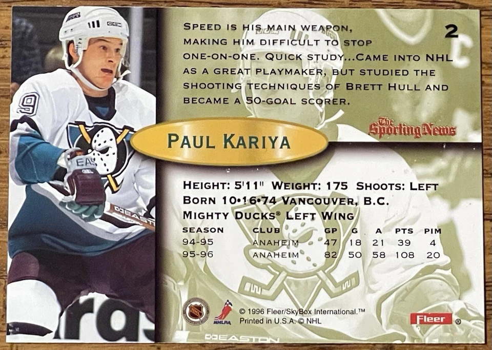 Paul Kariya 1996-97 Fleer Hockey Card #2 Anaheim Mighty Ducks NHL HOF Free Ship - Image 2 of 3