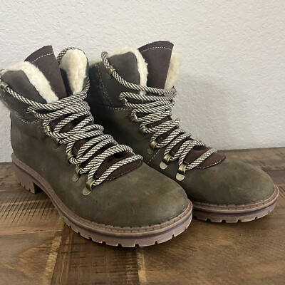 Suede Shearling Lined Hiking Boot Women's US 8 Olive Green Metal Hook Laces